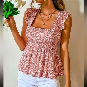 Ditsy Floral Tie Back Ruffle Trim Peplum Blouse | Size: S